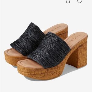 Seychelles Applause Slip-On Mule Sandal 4” Heel 1.75” Platform Black Woven Rafia